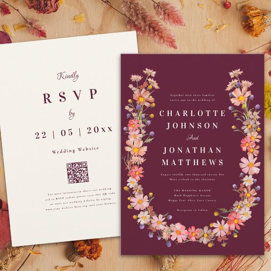Wildflower Boho Bourgogne Fall Wedding Kaart