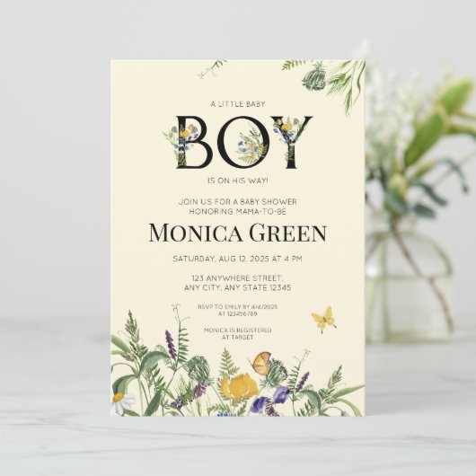 Wildflower Boho Boy Baby shower Uitnodiging (Staand voorkant)