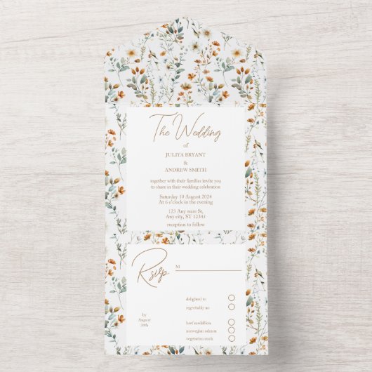 Wildflower boho bruiloft alles in één all in one uitnodiging (Binnen)