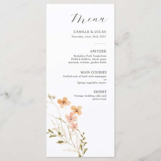 Wildflower Boho Bruiloft Menu (Voorkant)