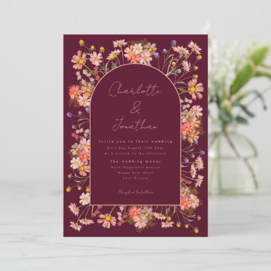 Wildflower Boho Chic Arch Bourgondië Fall Wedding Kaart (Staand voorkant)