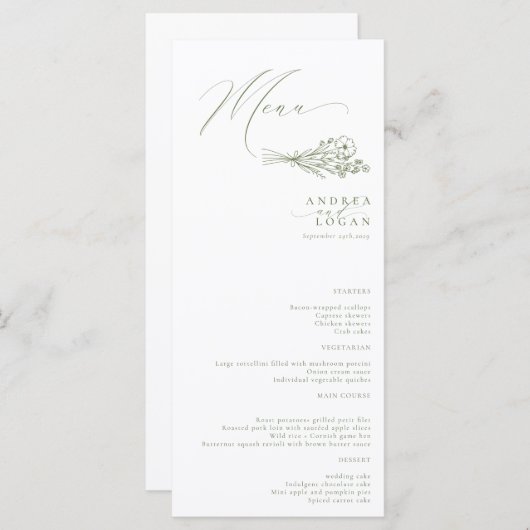 Wildflower Boho Chic Bruiloft Menu (Voorkant / Achterkant)