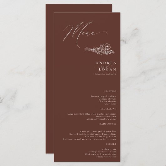 Wildflower Boho Chic Bruiloft Menu (Voorkant / Achterkant)