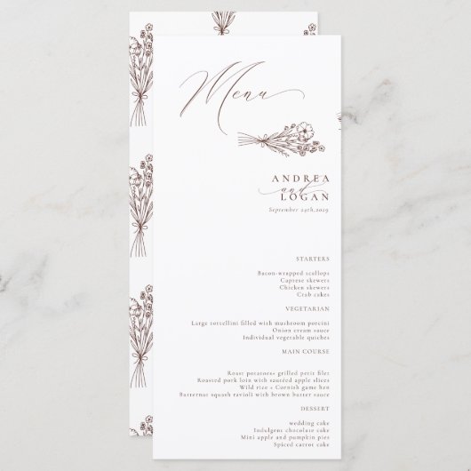 Wildflower Boho Chic Bruiloft Menu (Voorkant / Achterkant)