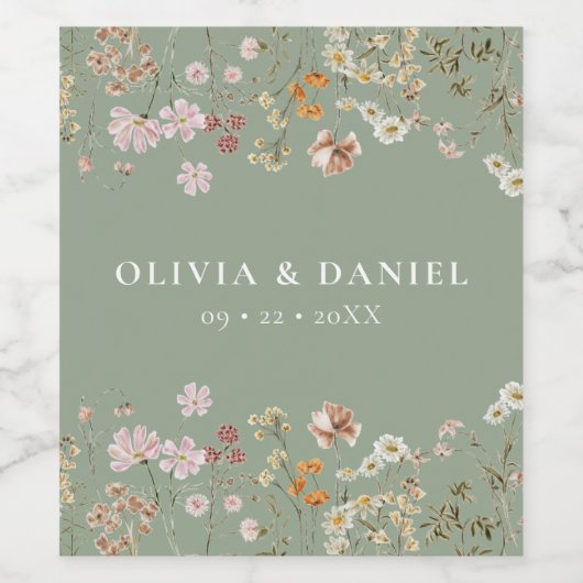 Wildflower Boho Chic Sage Green Wedding Wijn Etiket (Enkel label)