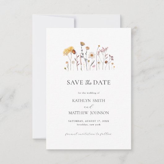 Wildflower Boho chique moderne grillige bloemen Save The Date (Voorkant)