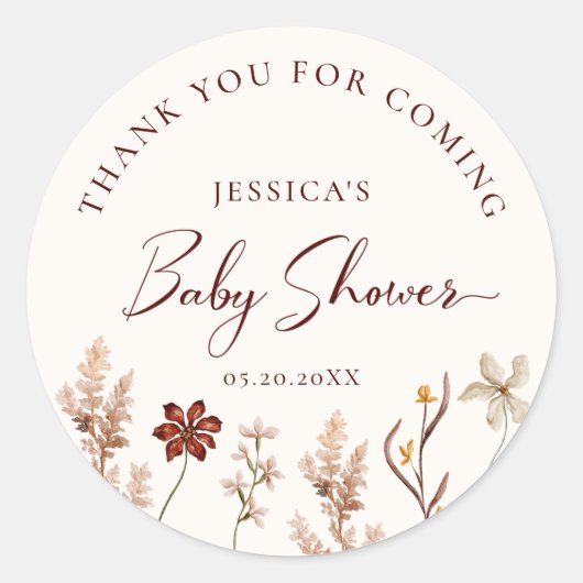Wildflower Boho Dank u Baby shower Ronde Sticker (Voorkant)