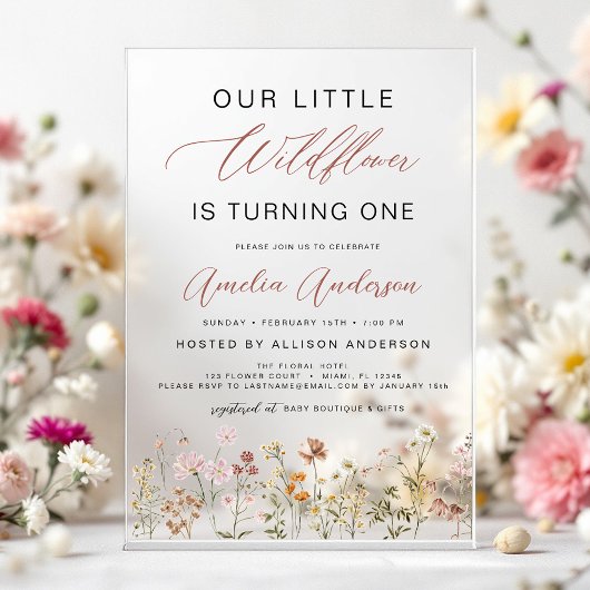 Wildflower Boho Eerste 1e Verjaardag Tuin Acryl Uitnodigingen