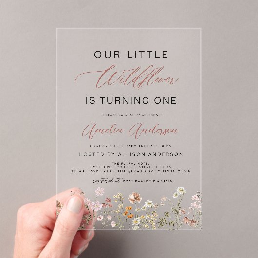 Wildflower Boho Eerste 1e Verjaardag Tuin Acryl Uitnodigingen (Insitu (Draagbaar))