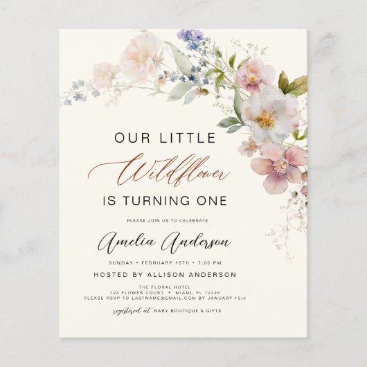 Wildflower Boho eerste 1e verjaardag uitnodiging (Voorkant)