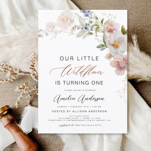 Wildflower Boho eerste 1e verjaardag uitnodiging
