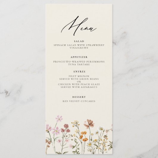 Wildflower Boho Elegante bruiloft receptie Menu (Voorkant)