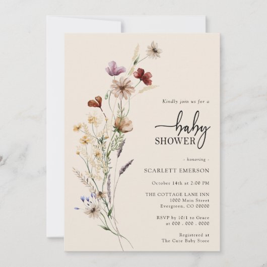 Wildflower Boho Floral Baby shower Invitation Kaart (Voorkant)