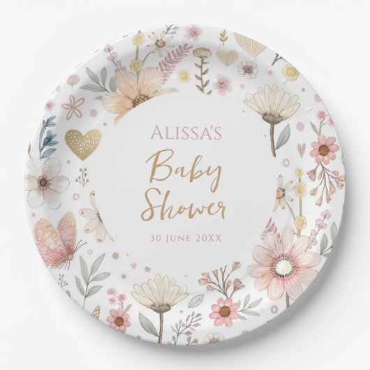 Wildflower Boho Floral Baby shower Papieren Bordje (Voorkant)