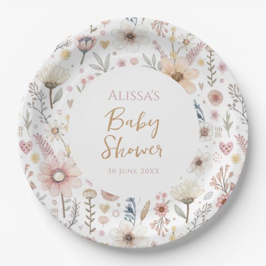 Wildflower Boho Floral Baby shower Papieren Bordje (Voorkant)