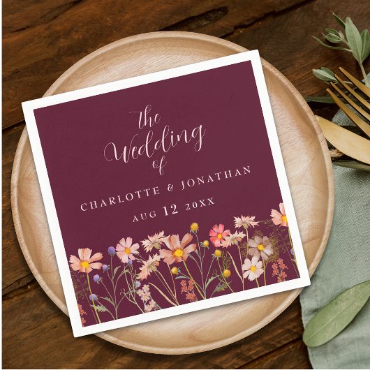 Wildflower Boho Floral Burgundy Blush Pink Wedding Servet