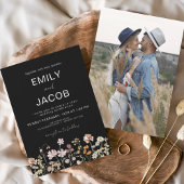 Wildflower Boho Foto Black Botanical Wedding Kaart