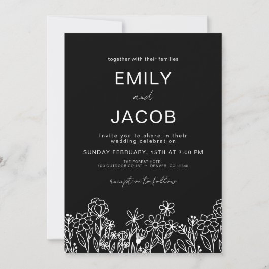 Wildflower Boho foto Black Wedding Kaart (Voorkant)