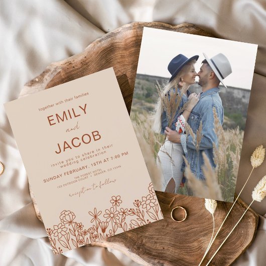 Wildflower Boho Foto Terracotta Botanical Wedding Kaart