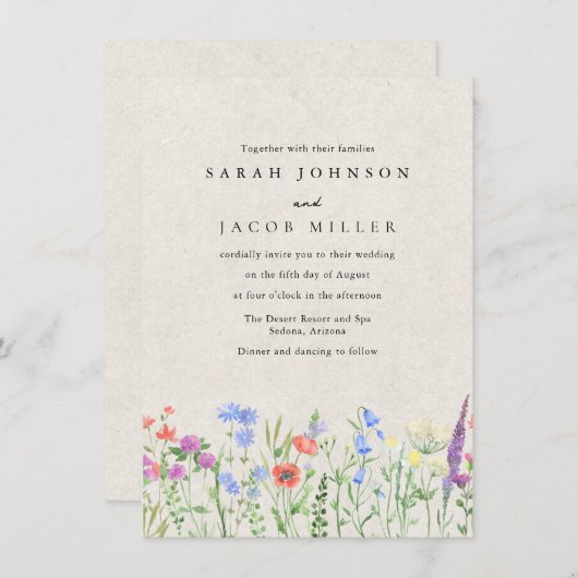 Wildflower Boho Garden Wedding Invitation Kaart (Voorkant / Achterkant)