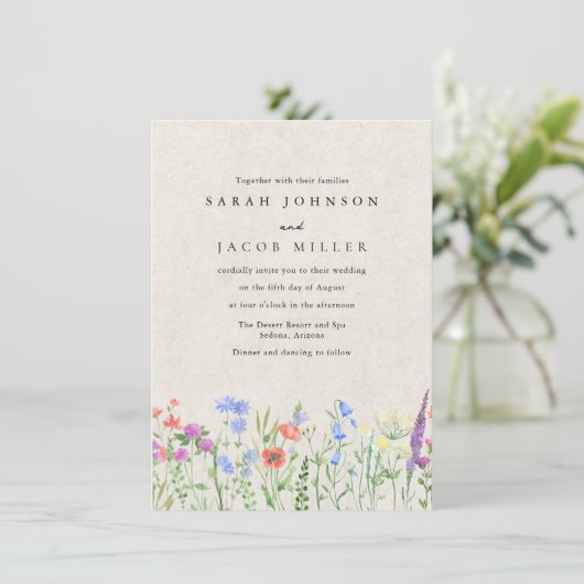 Wildflower Boho Garden Wedding Invitation Kaart (Staand voorkant)