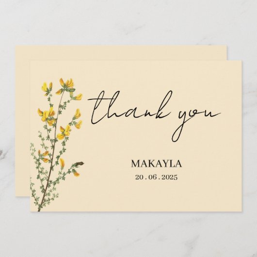 Wildflower Boho geel modern script Bedankkaart (Voorkant / Achterkant)