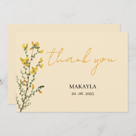 Wildflower Boho geel modern script Bedankkaart (Voorkant / Achterkant)