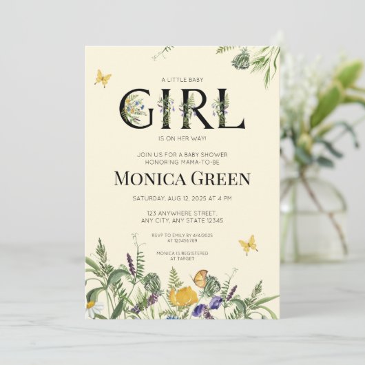 Wildflower Boho Girl Baby shower Kaart (Staand voorkant)