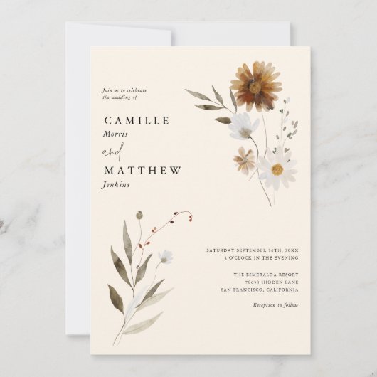 Wildflower Boho Herfst Foto Bruiloft Uitnodiging (Voorkant)