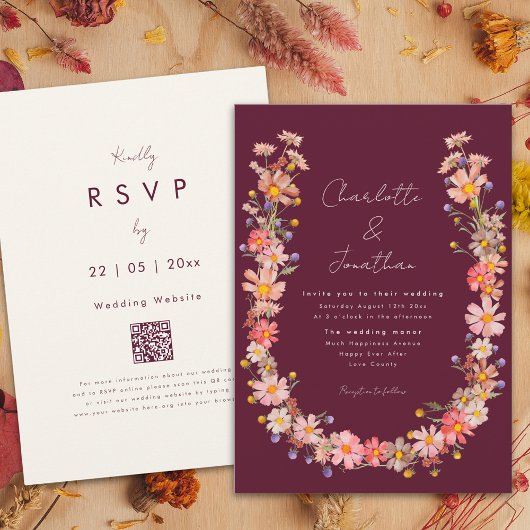 Wildflower Boho Krans Bourgogne Fall Wedding Kaart