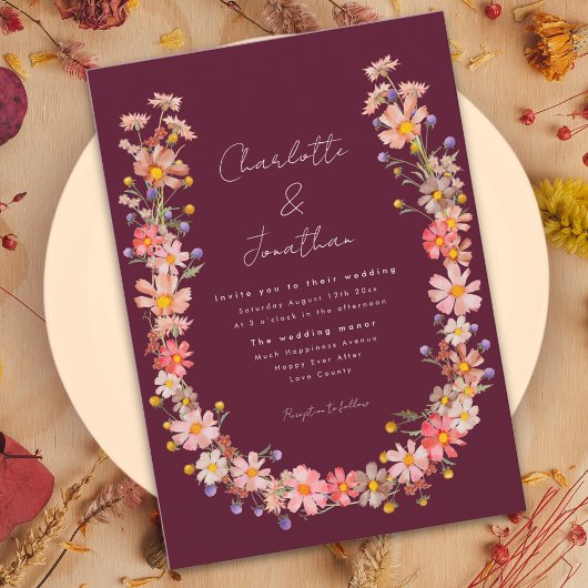 Wildflower Boho Krans Bourgogne Fall Wedding Kaart