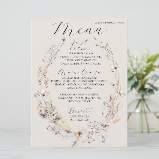 Wildflower Boho rustiek Elegant Vrijgezellenfeest Menu (Staand voorkant)