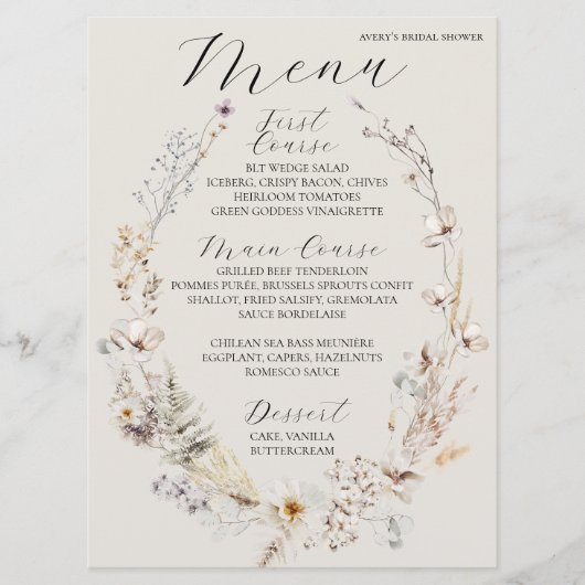 Wildflower Boho rustiek Elegant Vrijgezellenfeest Menu (Voorkant)