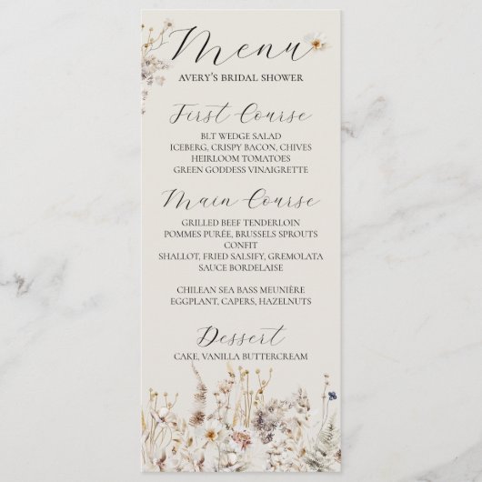 Wildflower Boho rustiek Elegant Vrijgezellenfeest Menu (Voorkant)