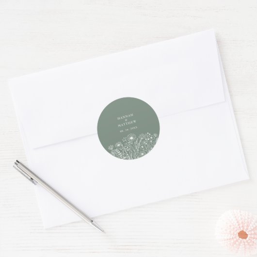 Wildflower Boho Sage Green Wedding Ronde Sticker (Envelop)