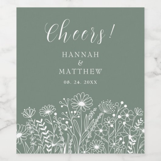 Wildflower Boho Sage Green Wedding Wijn Etiket (Enkel label)
