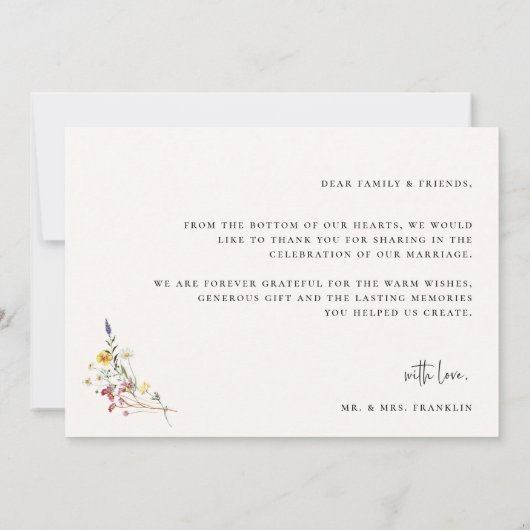 Wildflower Boho Script Trouwfoto Bedankkaart (Achterkant)