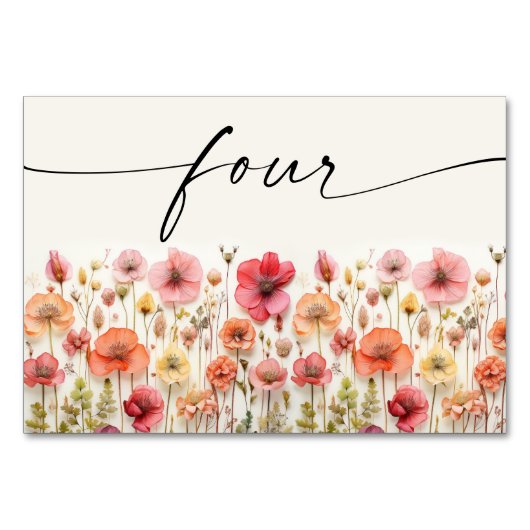 Wildflower Boho Tafel Kaarten Nummer Vier (Voorkant)