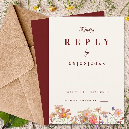 Wildflower Boho Terracotta Fall Wedding Reageer RSVP Kaartje