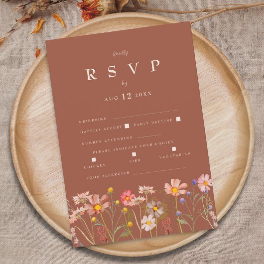 Wildflower Boho Terracotta Meal Option Wedding RSVP Kaartje