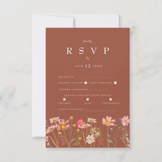 Wildflower Boho Terracotta Meal Option Wedding RSVP Kaartje (Voorkant)