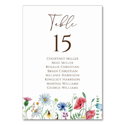 Wildflower Boho Tuin Tafel Aantal Zitkaarten Kaart (Achterkant)