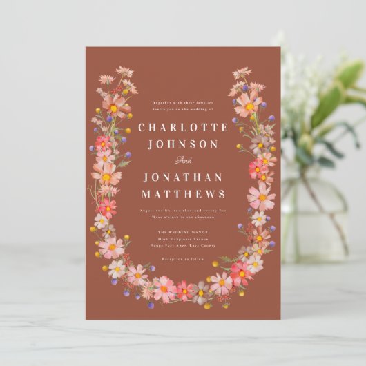 Wildflower Boho Verbrand Sinaasappel Fall Wedding Kaart (Staand voorkant)