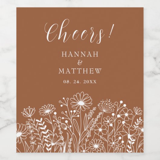 Wildflower Boho Verbrande Sinaasappels bruiloft Wijn Etiket (Enkel label)