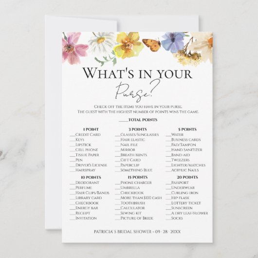 Wildflower Boho Wat zit er in je tas spel Kaart (Voorkant)