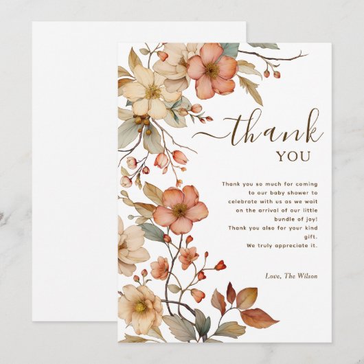 Wildflower Boho Waterverf Baby shower Dank u Kaart (Voorkant / Achterkant)