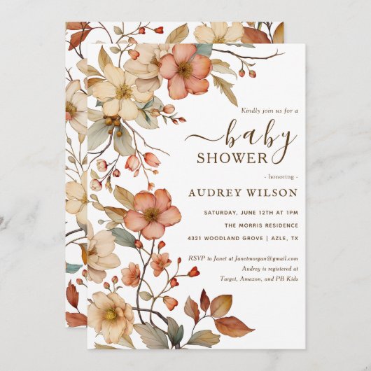 Wildflower Boho Waterverf Baby shower Uitnodiging (Voorkant / Achterkant)