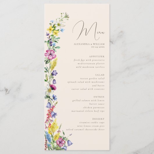 Wildflower Boho Waterverf Bloemen Bruiloft Menu (Voorkant)