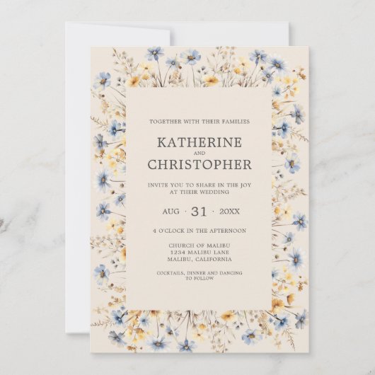 Wildflower BOHO Waterverf Elegant Beige Bruiloft Kaart (Voorkant)
