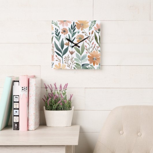Wildflower Boho Waterverf Floral Pastel Decor Vierkante Klok (Leeskamer)
